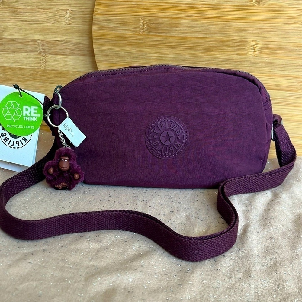 Brand New Kipling Iker Dark Plum Tonal Zippered Nylon Crossbody Purse Monkey